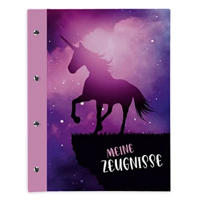 Abbildung von itenga Zeugnismappe mit Buchschrauben erweiterbar für Kinder Jugendliche Erwachsene Mädchen Jungen Schüler (magisches Einhorn)