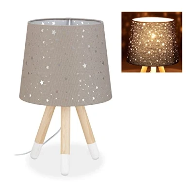 Abbildung von Relaxdays Tischlampe Kinderzimmer, Nachttischlampe Sterne, Jungen &amp; Mädchen, E14, runder Stoffschirm, 40 cm hoch, grau