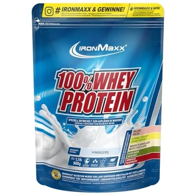 Abbildung von IronMaxx 100% Whey Protein Pulver Himbeere 500g Beutel zuckerreduziertes, wasserlösliches Eiweißpulver aus Molkenprotein viele verschiedene Geschmacksrichtungen
