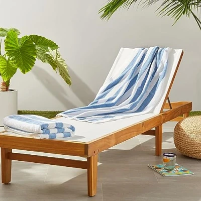 Abbildung von Amazon Basics Pool und Strandtuch, 100 % Baumwolle, Frottee, Cabana Streifen, weich saugfähig, 76 x 152 cm, 2 Stück, Himmelblau