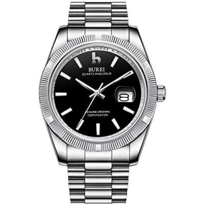Abbildung von BUREI Herren Uhren Analoge Quarzuhr Schwarz Zifferblatt mit Datumsanzeige Silber Armband Watch for Men