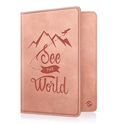 Abbildung von Fintie Reisepass Impfpass Schutzhülle Premium Kunstleder Reisepasshülle Travel Organizer mit RFID Blockier für Kreditkarten, Ausweis, Reisedokumente Damen Herren, Vintage Rosa