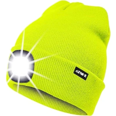 Abbildung von ATNKE LED Beleuchtete Mütze,Wiederaufladbare USB Laufmütze mit Licht Extrem Heller 4 Lampe Winter Warme Stirnlampe für Herren und Damen Geschenke/Fluorescent Yellow