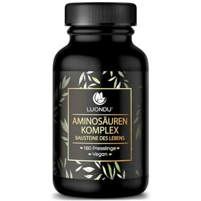 Abbildung von Aminosäuren Komplex hochdosiert 180 vegane Amino Tabletten mit je 1000 mg pro Tagesdosis 12 verschiedenen EAA Pattern Presslinge von LUONDU