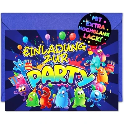 Abbildung von VULAVA 12x MONSTER EINLADUNGSKARTEN KINDERGEBURTSTAG Junge Mädchen + Umschläge die frech bunten PARTY Karten sind EINLADUNG für Jungen Kinder GEBURTSTAG KINDERPARTY