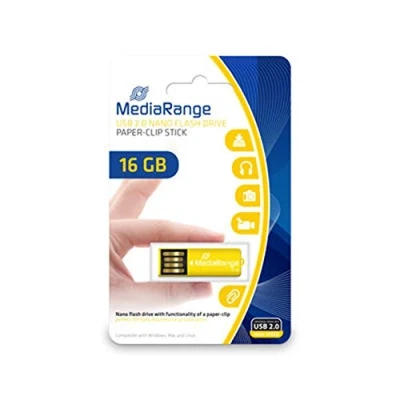 Abbildung von MediaRange USB 2.0 Speicherstick 16GB Nano Stick Mini Flash Laufwerk mit Büroklammer Funktion, externe Speichererweiterung Lesegeschwindigkeit von bis zu 14 MB/s, Farbe Gelb