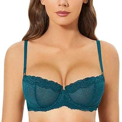 Abbildung von DOBREVA Balconette BH Damen mit Bügel Push Up Dirndl Spitze BHS Sexy Grosse Grössen Ungefüttert Fichtengrün 80F