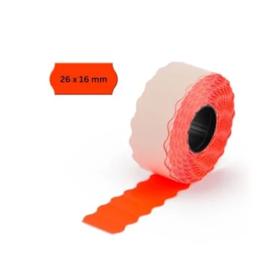Abbildung von POKORNYS 9.000 selbstklebende Etiketten für Preisauszeichner (rot / 26x12mm) I permanent haftend Kennzeichnung mit Preis, Datum ... Preisetiketten Handauszeichner Wellenrand ​