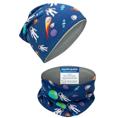 Abbildung von HECKBO Astronaut Beanie &amp; Loop Schal Set Wendemütze für Kinder, 2 8 Jahre, 95% Baumwolle Wintermütze Kinder