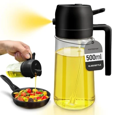 Abbildung von PORTENTUM Ölsprüher für speiseöl 2 in 1 500ml Öl Sprühflasche lebensmittelecht, Ölspray zum Kochen, Hochwertiger Zerstäuber, Heißluftfritteuse (Schwarz)