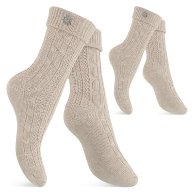 Abbildung von Celodoro Damen und Herren Trachten Socken (2 Paar) mit Edelweiß Pin Oktoberfest Strümpfe Beige 43 46