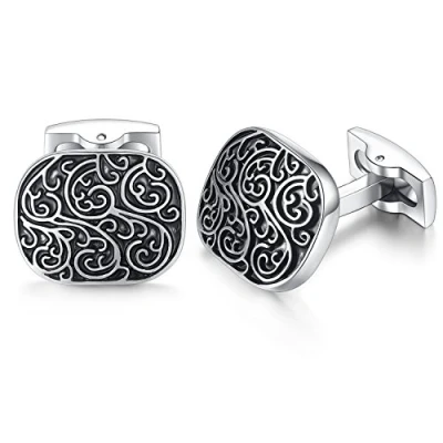 Abbildung von HONEY BEAR Herren Hochzeit Retro Muster Geschnitzt Manschettenknöpfe Cufflinks Edelstahl Manschettenknopf (Silber mit Schwarz) (Rechteck)