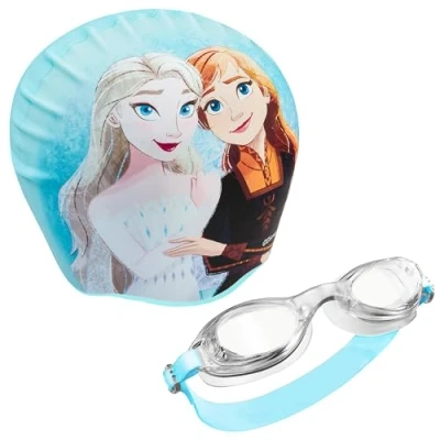 Abbildung von Disney Badekappe &amp; Schwimmbrille Kinder Set, UV Schutz, Anti Beschlag Stitch Sachen für (Blue Eiskönigin, 6 14 Jahre)
