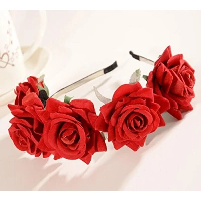 Abbildung von CHSYOO Rot Haarreif Rose Kopfband Damen Blumenstirnband Mädchen Blume Tiara für Hochzeit Braut Brautjungfer Geburtstag Party Kinder