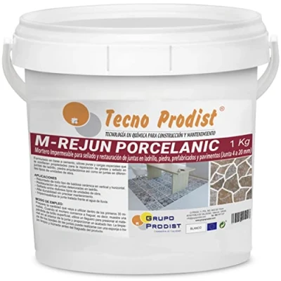 Abbildung von M REJUN PORCELANIC von Tecno Prodist (1 Kg, Weiß) Mörtel für die wasserdichte Verfugung Fliesen und Böden. Keramikfliesen, Ziegel, Stein usw. (4 bis 20 mm breite Fugen).