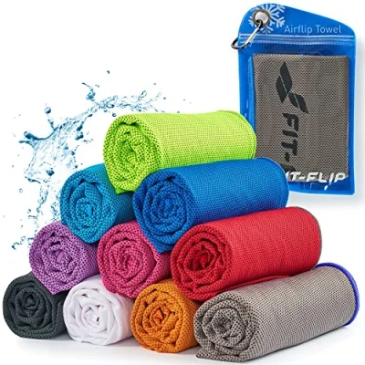 Abbildung von Fit Flip Kühltuch Airflip Towel das kühlende Sporthandtuch als Cooling und mikrofaser Ice Kühlhandtuch für Fitness Sport (grau dunkel Blauer Rand, 120x35cm)