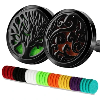 Abbildung von 2 PCS Auto Öl Diffusor Lufterfrischer 30mm Edelstahl Schwarz Medaillon Entlüftungsclip mit 32 Stücke Austauschbare Nachfüllpads
