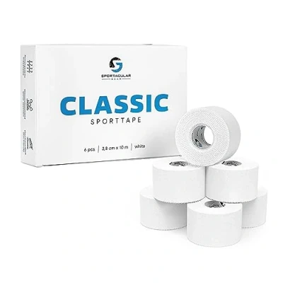 Abbildung von Sportacular Gear Sporttape Classic 6 Rollen 3,8cm x 10m starres, nicht elastisches Tape wasserabweisend, hautfreundlich, Baumwolle (6 Rollen, weiß)