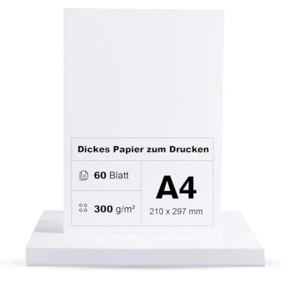Abbildung von 60 Blatt Dickes Papier 300g/m² A4 zum Drucken Premium Kartonpapier Tonkarton Pappe Weiß DIN 21 x 29,7 cm