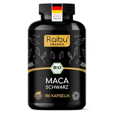 Abbildung von BIO Maca Kapseln (Schwarz) Hochdosiert aus reiner Macawurzel, 3200 mg Tagesdosis Mit natürlichem Vitamin C Biozertifiziert, Vegan &amp; Ohne Magnesiumstearat 180 Kapseln, Raibu