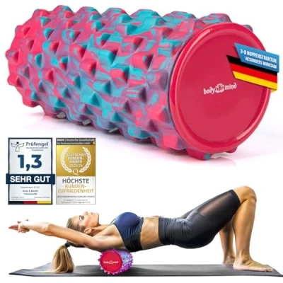 Abbildung von Body &amp; Mind® Faszienrolle Massage Rolle Fitnessrolle Sportrolle Therapierolle; Faszien Training am Oberkörper, Nacken, Rücken, Beine, Waden allen anderen Muskelgruppen; 33 x 14,5 cm; Pink Blau