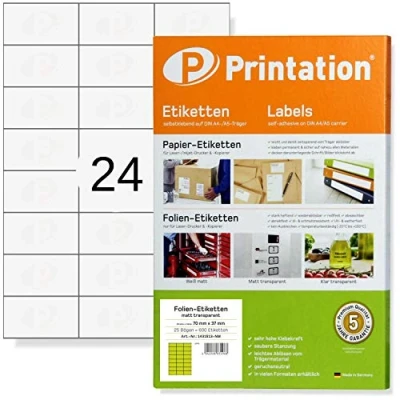 Abbildung von Printation Etiketten selbstklebend 70 x 37 mm WETTERFEST transparent matt 25 A4 Blatt 24 Klebeetiketten pro Bogen 3x8 600 70x37 Folien mit Laser Drucker bedruckbar