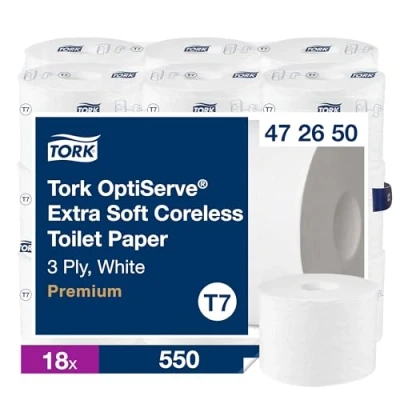 Abbildung von Tork OptiServe Extra Weiches Hülsenloses Toilettenpapier Weiß T7, Premium, 3‑lagig, 18 x 550 Blatt, 472650