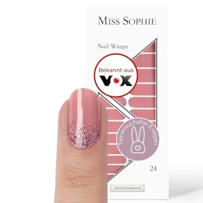Abbildung von Miss Sophie Nagelfolie Dazzling Rosewood Glitzer, Rosa, Nail Wraps 24 ultra dünne selbstklebende langanhaltende Nagelfolien