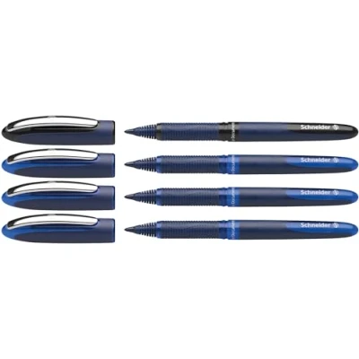 Abbildung von Schneider 183084 One Business Tintenroller (dokumentenecht mit 0,6 mm Strichstärke, Made in Germany) 4er Set, 3x blau, 1x schwarz