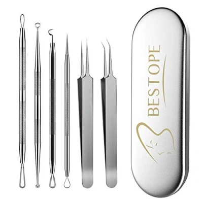 Abbildung von BESTOPE PRO Mitesserentferner, 6 teiliges Akne Entferner Set Pinzetten mit Metallgehäuse, Mitesser Entferner, Werkzeug aus Hochwertiger Edelstahl, Silber, Modern