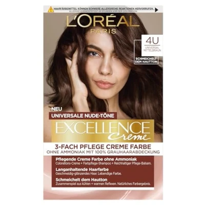 Abbildung von L&#039;Oréal Paris Permanente Haarfarbe für jeden Hautton, Coloration ohne Ammoniak, Universale Nude Töne mit vollständiger Grauhaarabdeckung, Excellence Creme, Nr. 4U Mittelbraun (Braun), 1 Stück
