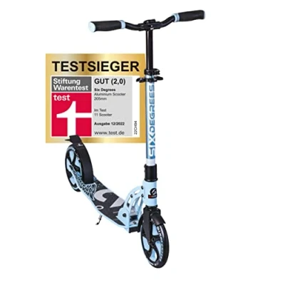 Abbildung von SIX DEGREES Aluminium Scooter mit Klappmechanismus u. Ständer, 205mm, höhenverstellbar, GS geprüft, hellblau, TESTSIEGER