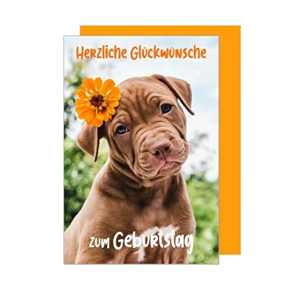 Abbildung von Edition Seidel Premium Geburtstagskarte mit Umschlag. Glückwunschkarte Grusskarte Billet Geburtstag Happy Birthday Mann Frau Kind Herzliche Glückwünsche Hund Blume Karte (G3126 SW023)