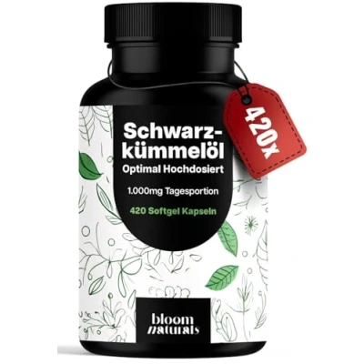 Abbildung von Schwarzkümmelöl Kapseln Hochdosiert 420 Softgel 1.000 mg Tagesportion Vitamin E Produziert in Deutschland Laborgeprüft