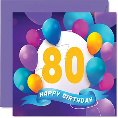 Abbildung von Stuff4 Geburtstagskarte zum 80. Geburtstag für Männer und Frauen Ballon Party Happy Birthday Cards 80 Jahre alte Mann, Frau, Großvater, Oma, Mama, Papa, 145 mm x