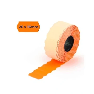 Abbildung von POKORNYS 6600 selbstklebende Etiketten für Preisauszeichner (orange / 26x16mm) I permanent haftend Kennzeichnung zweizeilig Preisetiketten Handauszeichner mit Wellenrand ​