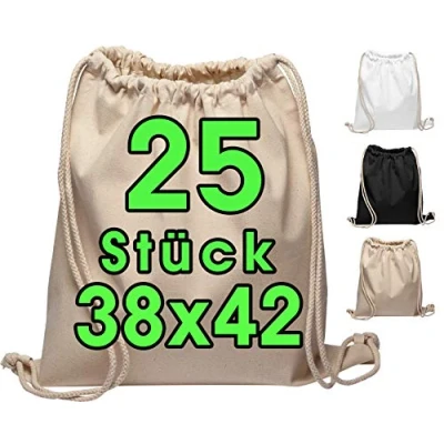 Abbildung von Baumwoll Turnbeutel 25 Stück 38 x 42cm Sportbeutel Rucksack Stofftasche Bag, Beutel, Baumwollbeutel, Jutebeutel OEKO TEX® zertifiziert Stoffbeutel Einkaufsbeutel Gym Sac Sack zum bemalen Set Natur
