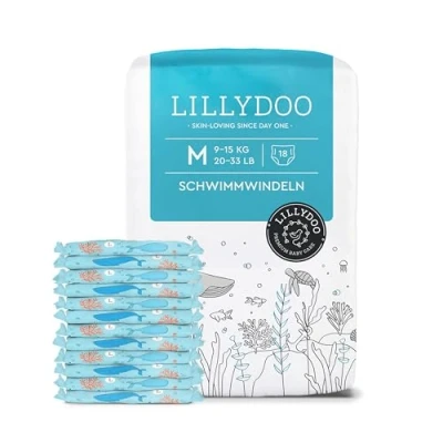 Abbildung von LILLYDOO hautfreundliche Einweg Schwimmwindeln für Babys, Größe M (9 15 kg), 1 Packung (18 Stück) mit Unterwasser Design, Windeln sicheren Schutz im Wasser