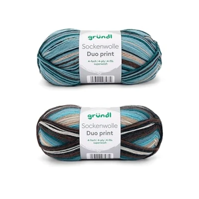 Abbildung von Gründl Sockenwolle Duo Strickset aus 2 x 100 g Sockengarn (75% Schurwolle (superwash), 25% Polyamid) + Anleitung, türkis blau