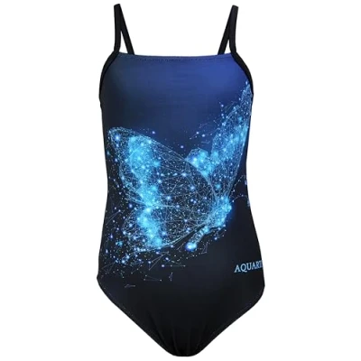 Abbildung von Aquarti Mädchen Badeanzug mit Spaghettiträgern Streifen Sport Mädchen, Chlorresistent, Farbe: Schmetterling Blau/Schwarz, Größe: 152