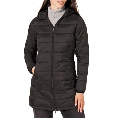 Abbildung von Amazon Essentials Damen Leichter, wasserabweisender Puffermantel mit Kapuze (erhältlich in Übergröße), Schwarz, M