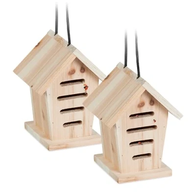 Abbildung von Relaxdays Marienkäferhaus 2X, Marienkäferhotel Garten, zum Aufhängen, Holz unbehandelt, Insektenhotel Marienkäfer, Natur