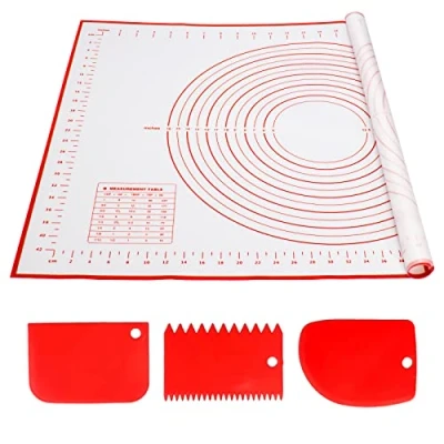 Abbildung von Alyvisun Silikon Backmatte mit 3 Teigschaber, 70x50 cm Backzubehör Antihafte Backunterlage Messung Rutschfeste Silikonmatte Wiederverwendbar Backblech für Fondant, Pizza, Teig (Rot)
