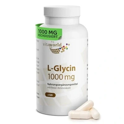 Abbildung von L Glycin hochdosiert 1000mg pro Tag (120 vegane Kapseln) 4 Monatsvorrat Baustein für Proteine von Natur aus süß ohne unerwünschte Zusätze, glutenfrei und laktosefrei vitaworld