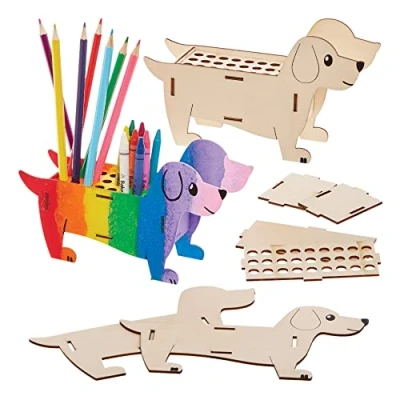 Abbildung von Baker Ross FX689 Wursthund 3er Packung Stifte und Buntstifthalter aus Holz, Holzbastelsets für Kinder