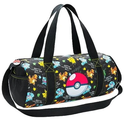 Abbildung von Pokemon Sporttasche Kinder Kleine Reisetasche Großes Hauptfach, Trageriemen, Griffen für Mädchen und Jungen (Schwarz, Mehrfarbig)
