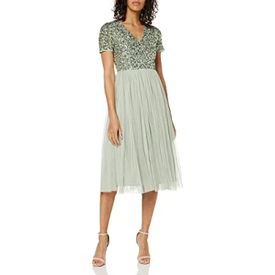 Abbildung von Maya Deluxe Damen Midi Kleid mit V Ausschnitt, Verziert Brautjungfernkleid, Grüne Lilie, 54