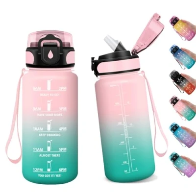Abbildung von Trinkflasche Sport 500ml, Trinkflaschen Kohlensäure Geeignet, Wasserflasche Auslaufsicher mit Zeitmarkierung, Strohhalm, Sportflasche für Fitness, Gym, Schule, Outdoor, Yoga