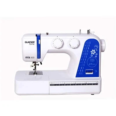 Abbildung von Nähmaschine easy GLAESER® home mia 300 Anfänger Automatischer Einfädler 24 Stich Varianten Kinderleichte Bedienung Weiß/Blau