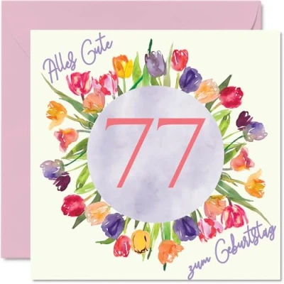 Abbildung von 77. Geburtstagskarte für Frauen Aquarell Tulpen Blumen Strauß Alles Gute zum Geburtstagskarten 77 Jährige Frau Tochter Schwester Tante, 145mm Siebenundsiebzig Geburtstag Grußkarten